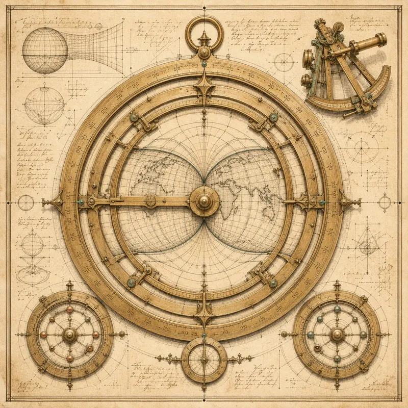Engraved plate of a brass astrolabe with nested rings and coordinate grids