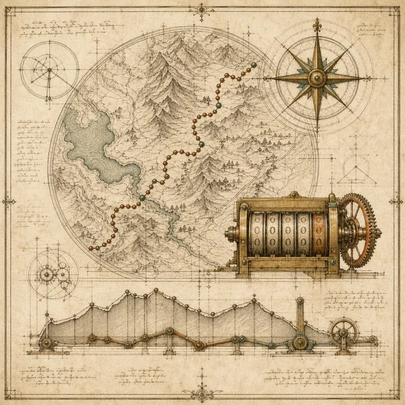 Engraved cartographic plate with a dotted journey route and compass rose