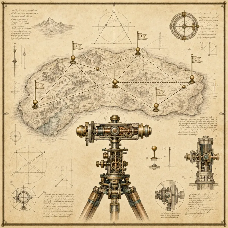 Engraved surveyor's plate with pin markers, triangulation lines, and a theodolite