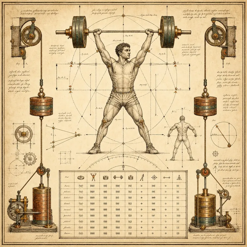 Engraved anatomical study of a figure lifting a barbell, with pulleys and a tally ledger