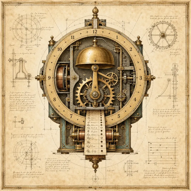 Engraved plate of a clockwork bell mechanism with an escapement and hour dial