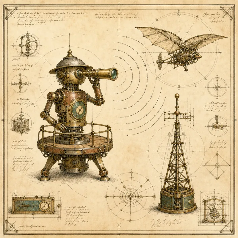 Engraved plate of an automaton sentinel with a spyglass watching a flying machine